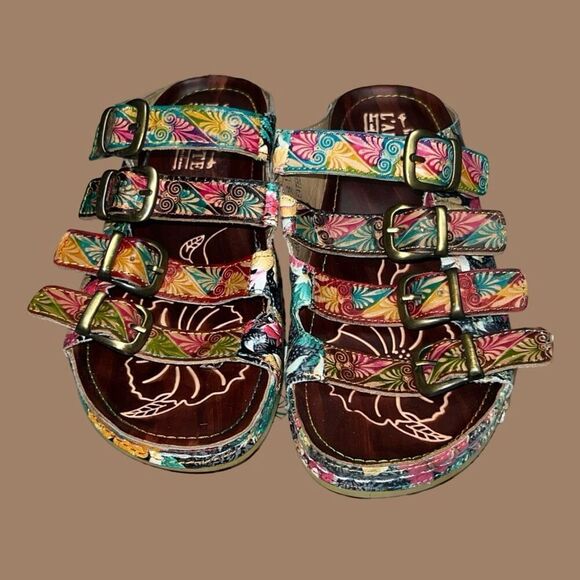 L'Artiste Spring Step Dandi Hand Painted Tooled Leather Sandals EU 36 5.5/6 - Picture 2 of 6